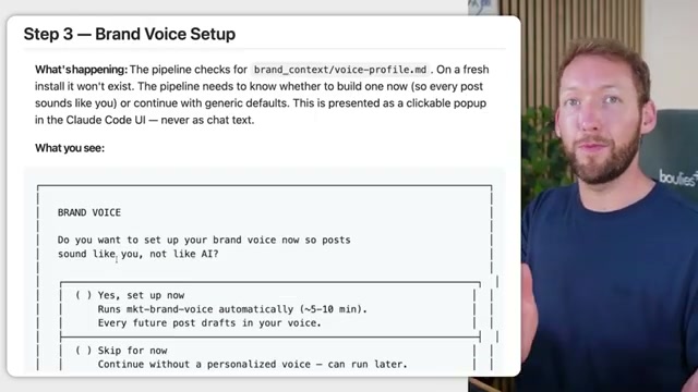 Step 3 brand voice popup: the pipeline prompts you to build a voice profile so every post sounds like you, not AI
