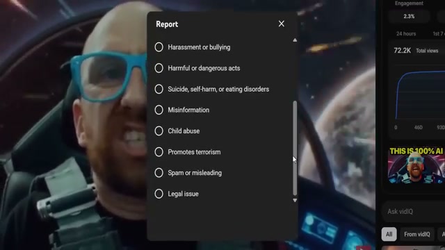 YouTube's Report menu — where viewers can flag AI content that lacks proper labeling