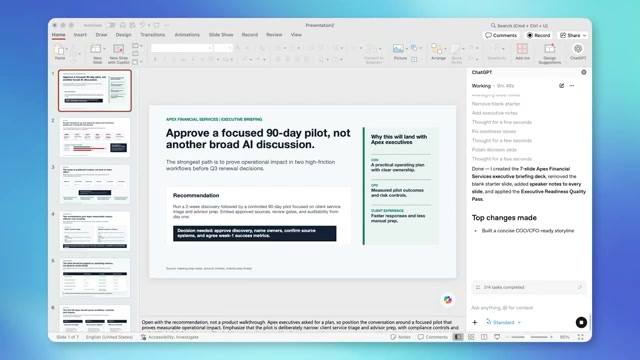 The finished ChatGPT-built deck: a 7-slide executive briefing complete with recommendation, pilot plan, and risk controls — generated from a single prompt.