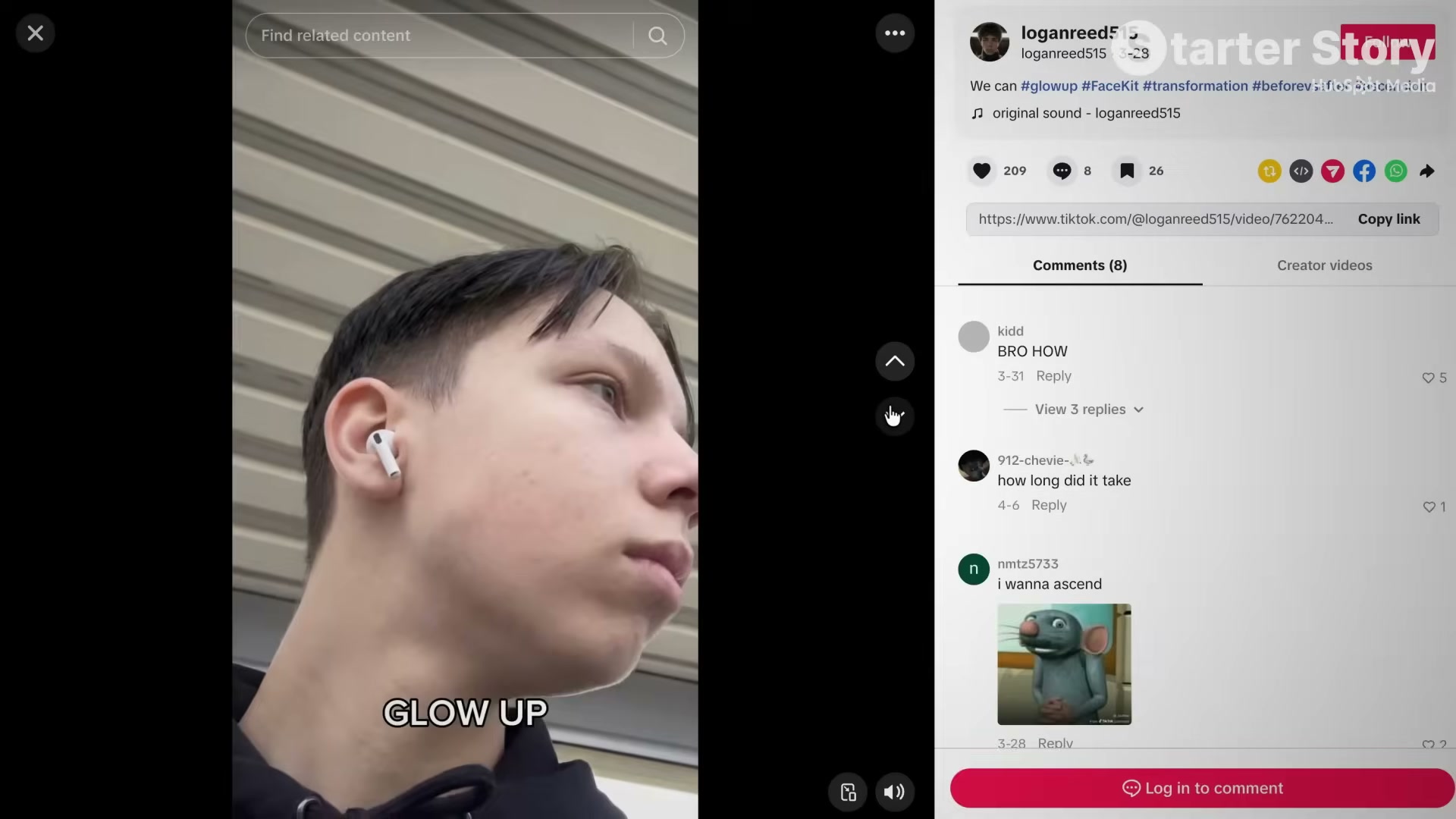 An example AI influencer TikTok post — the 'GLOW UP' hook drives genuine comments asking how to replicate the look.