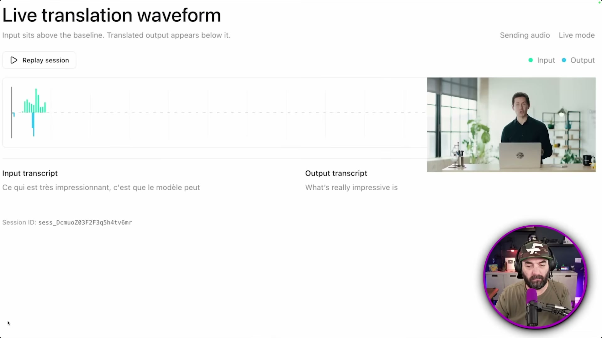 GPT-Realtime-Translate in action: French speech input ('Ce qui est très impressionnant') rendered into English output in real time.