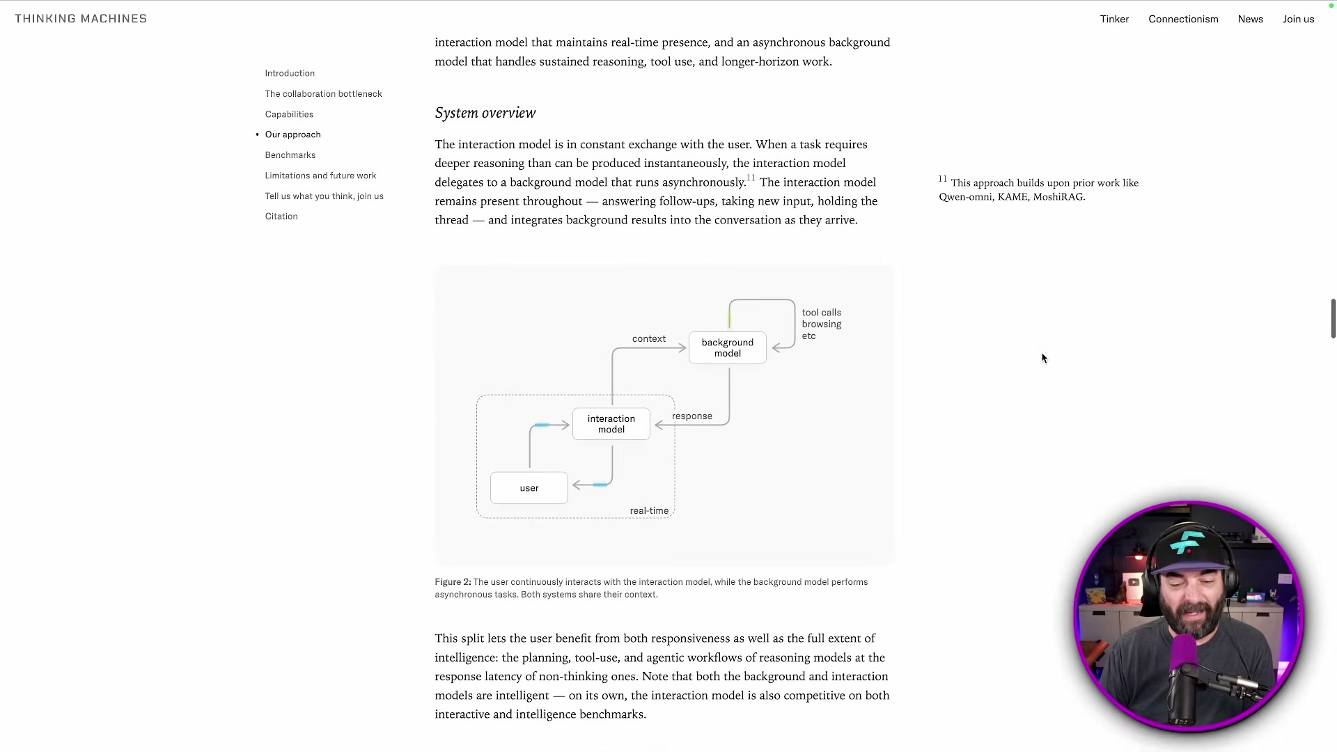 Thinking Machines system architecture: a real-time interaction model delegates deep reasoning to an asynchronous background model that handles tool calls and browsing.