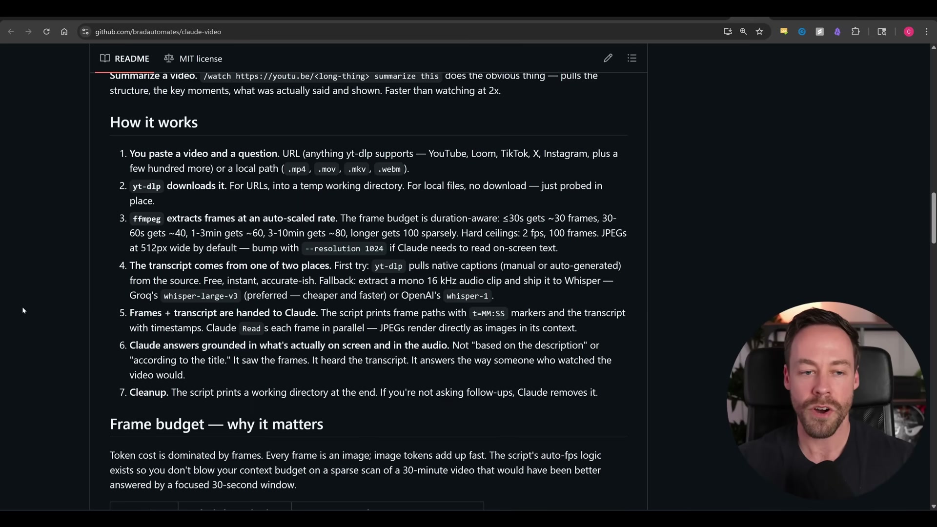 claude-video's 7-step pipeline: URL in → yt-dlp → ffmpeg frames → Whisper transcript → Claude reads both → grounded answer.