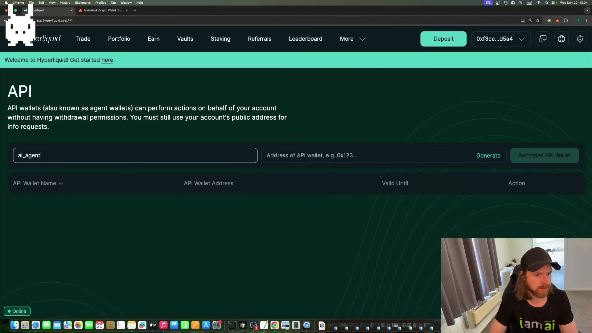 Creating the Hyperliquid API (agent) wallet named 'ai_agent' — this wallet signs trades without withdrawal permissions