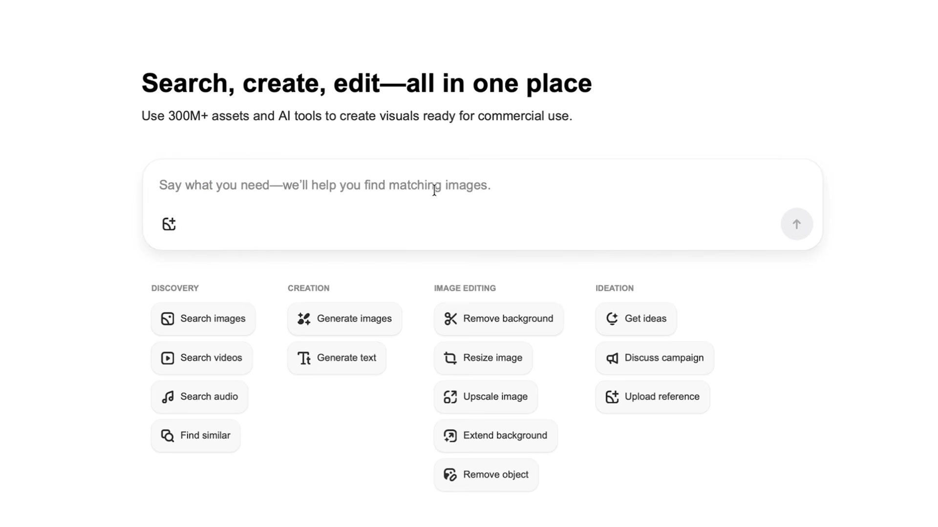 The Depositphotos AI Assistant consolidates four capability pillars — Discovery, Creation, Image Editing, and Ideation — into a single conversational interface.