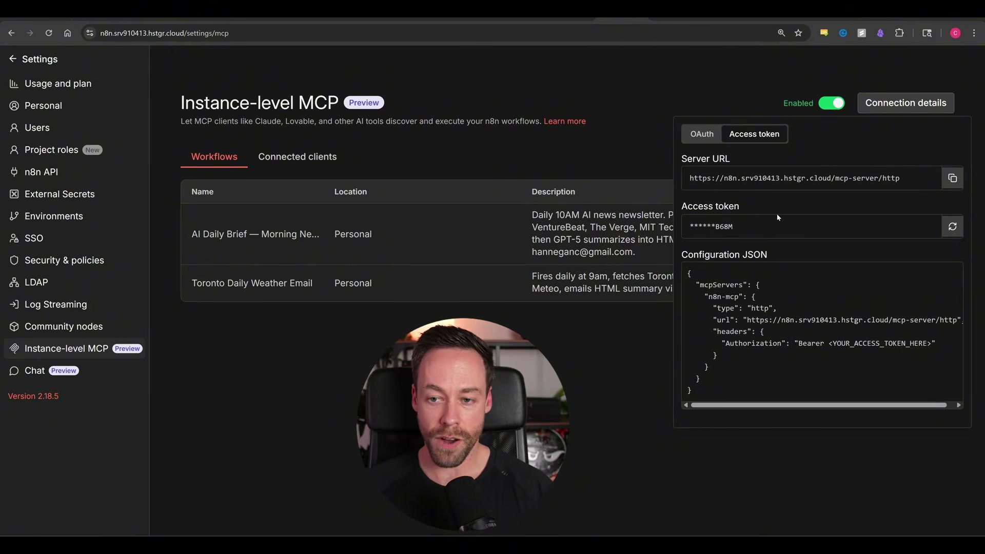 Copy this Configuration JSON into your Claude Code MCP settings: Server URL, Bearer token, and the n8n-mcp server block