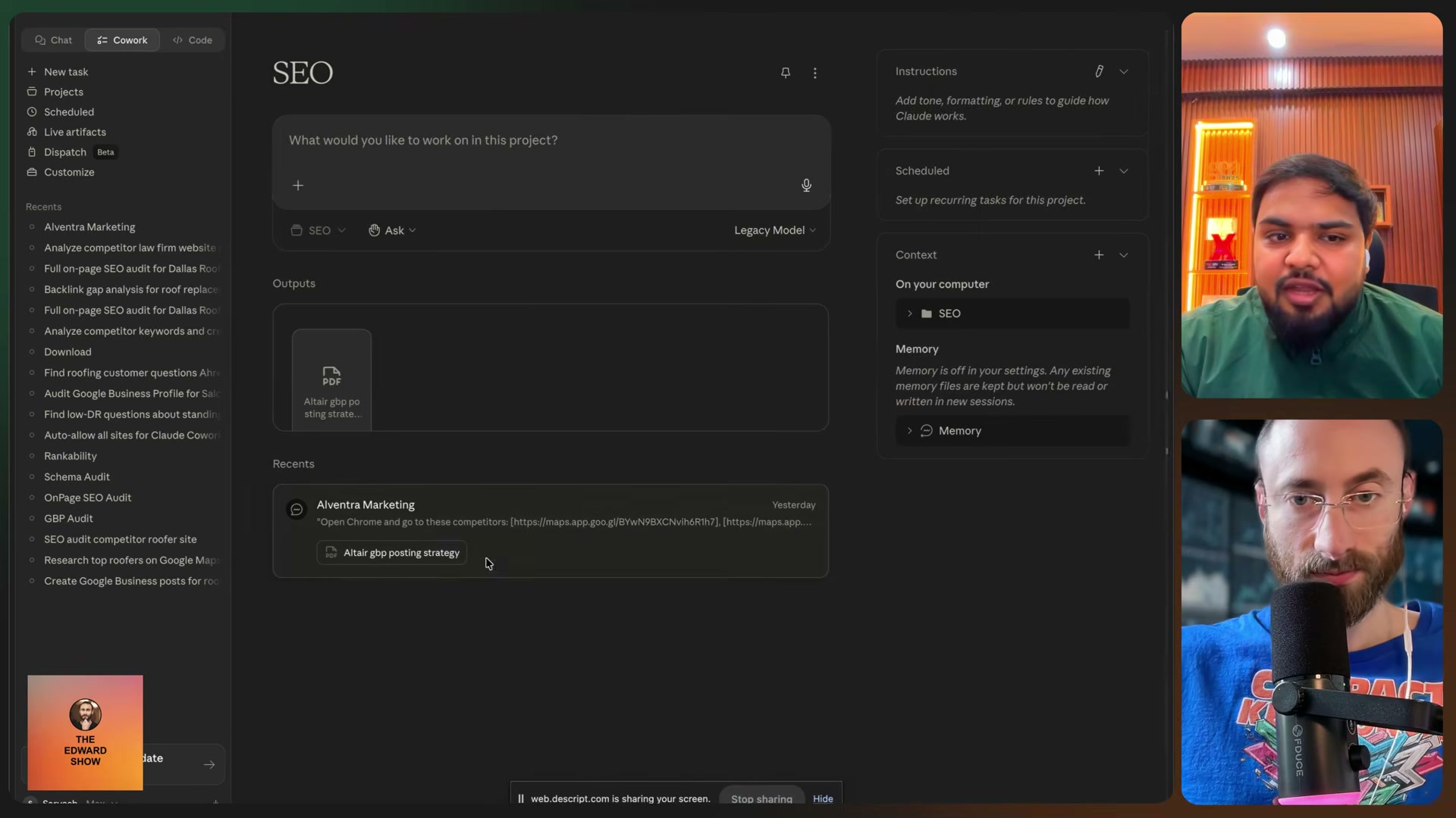 Inside the Claude Cowork SEO project — task history, PDF artifacts, and the full prompt queue in action.