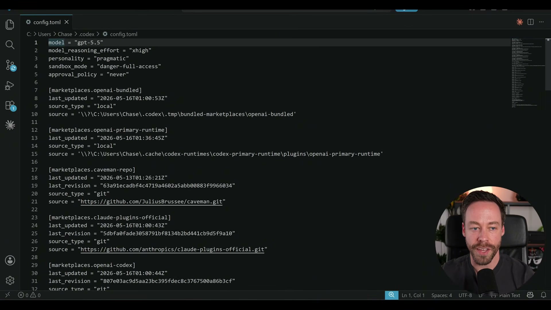 The .codex/config.toml file — set model, reasoning effort, sandbox mode, and approval policy for a fully autonomous, no-confirmation workflow.