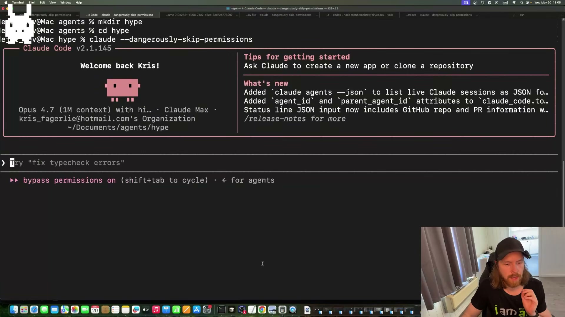 Launching Claude Code with --dangerously-skip-permissions inside the /hype agent directory — the agent is now autonomous