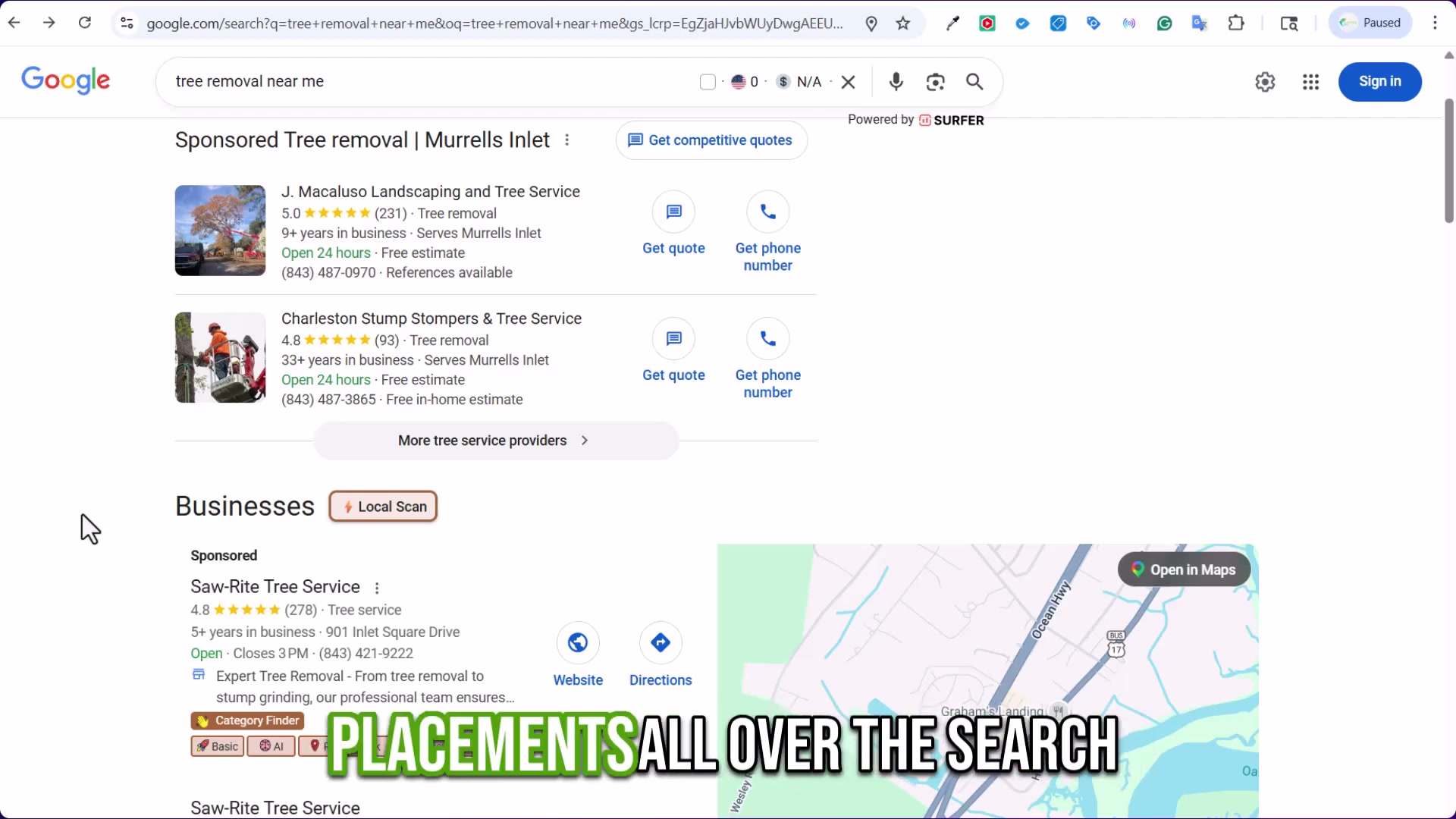 One keyword — three ad placements: Local Services Ads, sponsored map pack, and organic pack. This is why the 3-channel strategy works.