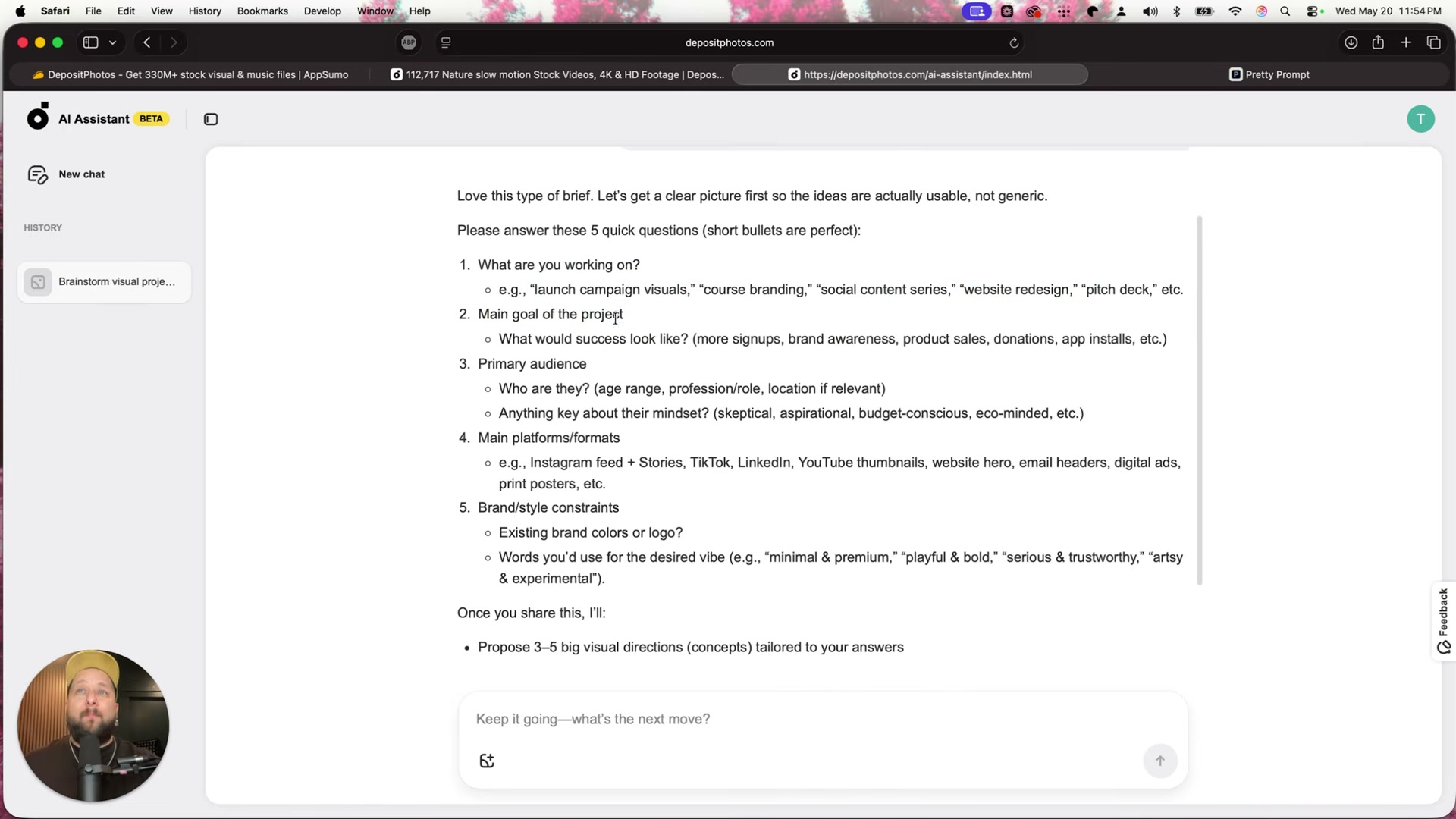 The AI Assistant asks 5 qualifying questions before generating visual concepts — locking in audience, platforms, and brand constraints before proposing directions.