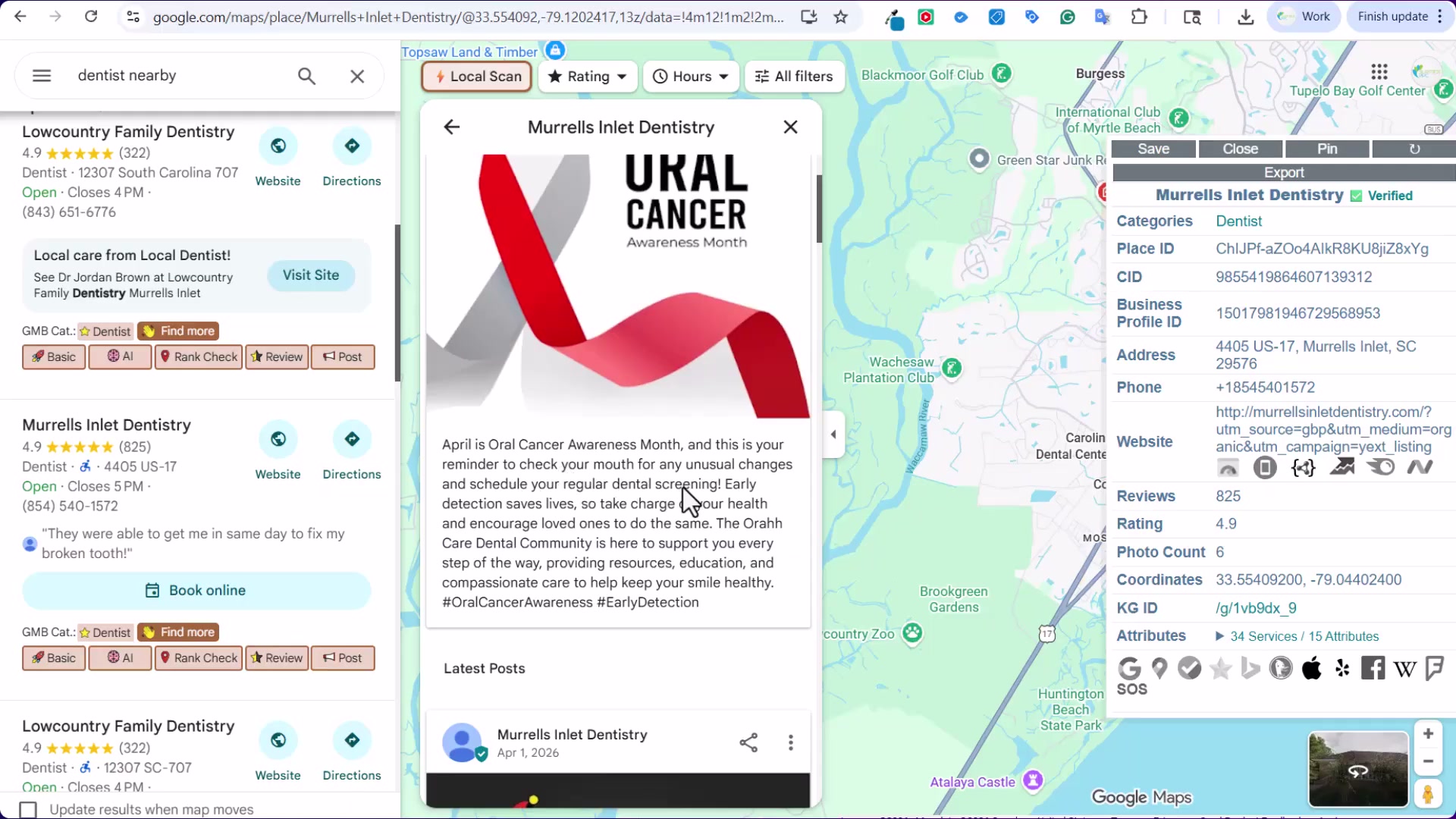 Murrells Inlet Dentistry's Google Business Profile showing an Oral Cancer Awareness Month post — consistent topical content that signals an active, engaged practice.