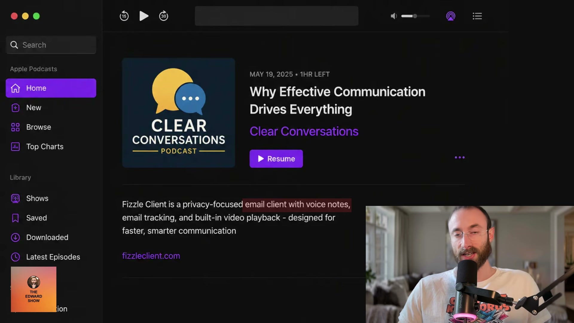 The blurb live inside a podcast directory listing — keyword embedded in a real off-site PR placement