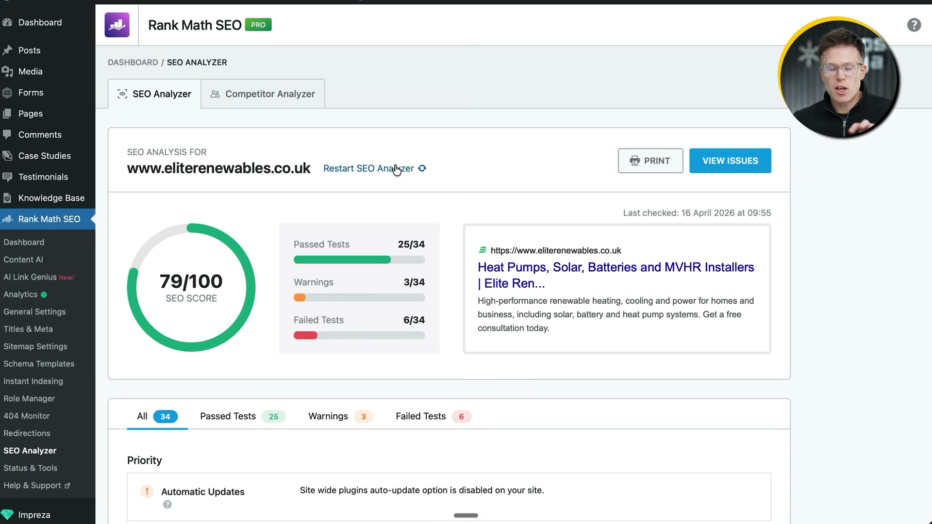 Rank Math SEO Pro's Site Analyzer gives eliterenewables.co.uk a 79/100 score with 6 failed tests — the starting point for the remediation roadmap.