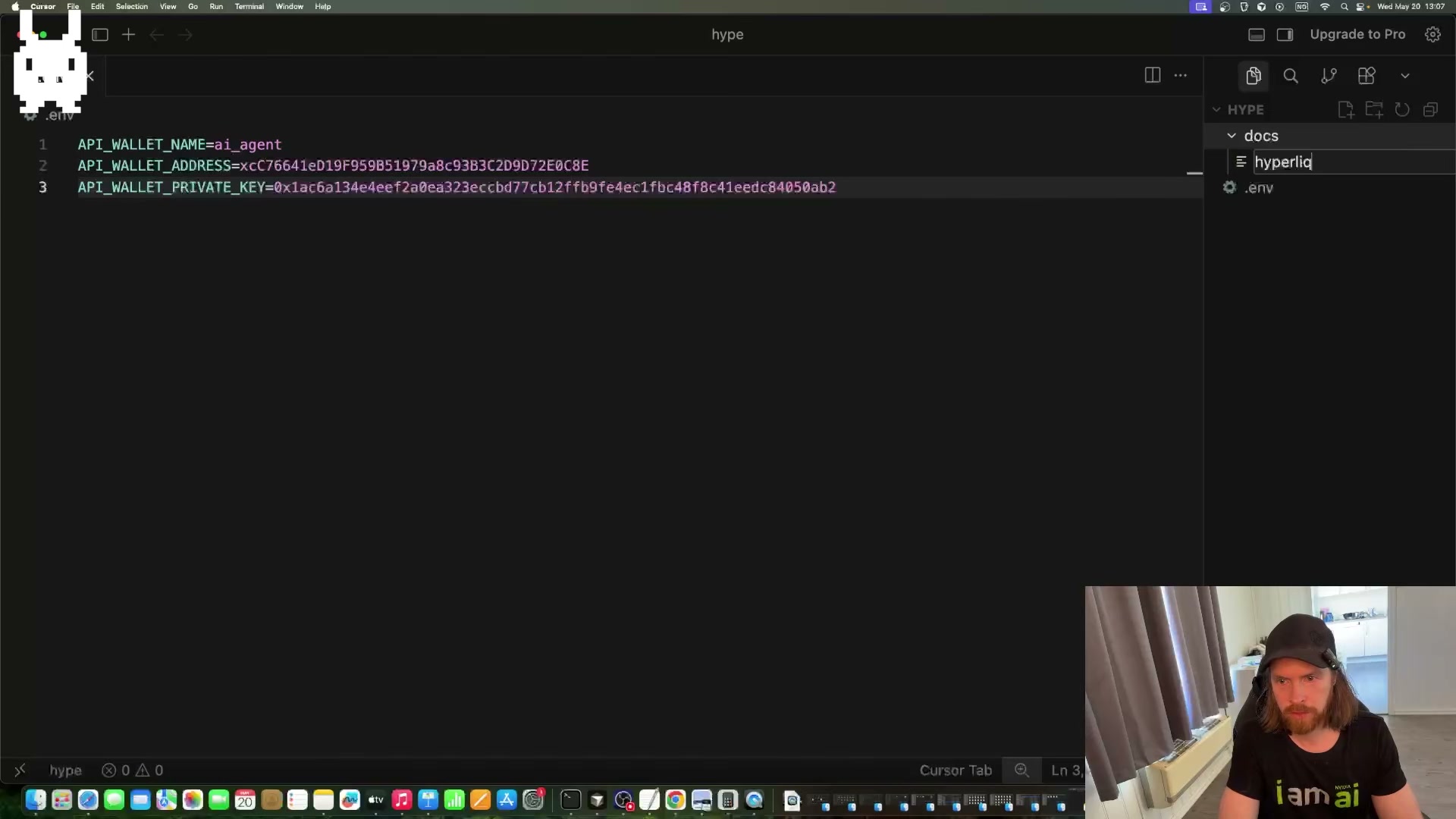 .env file structure for the Hyperliquid AI agent: wallet name, address, and private key environment variables