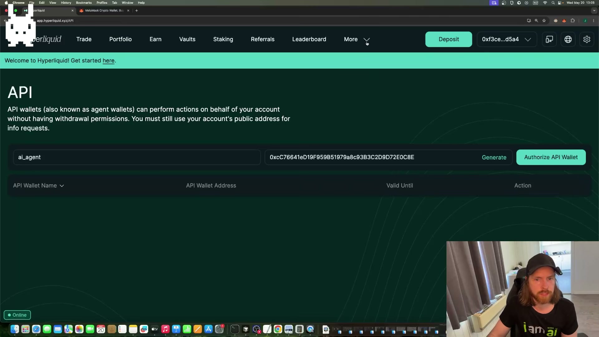 Authorizing the ai_agent API wallet on Hyperliquid — paste the generated address and click Authorize