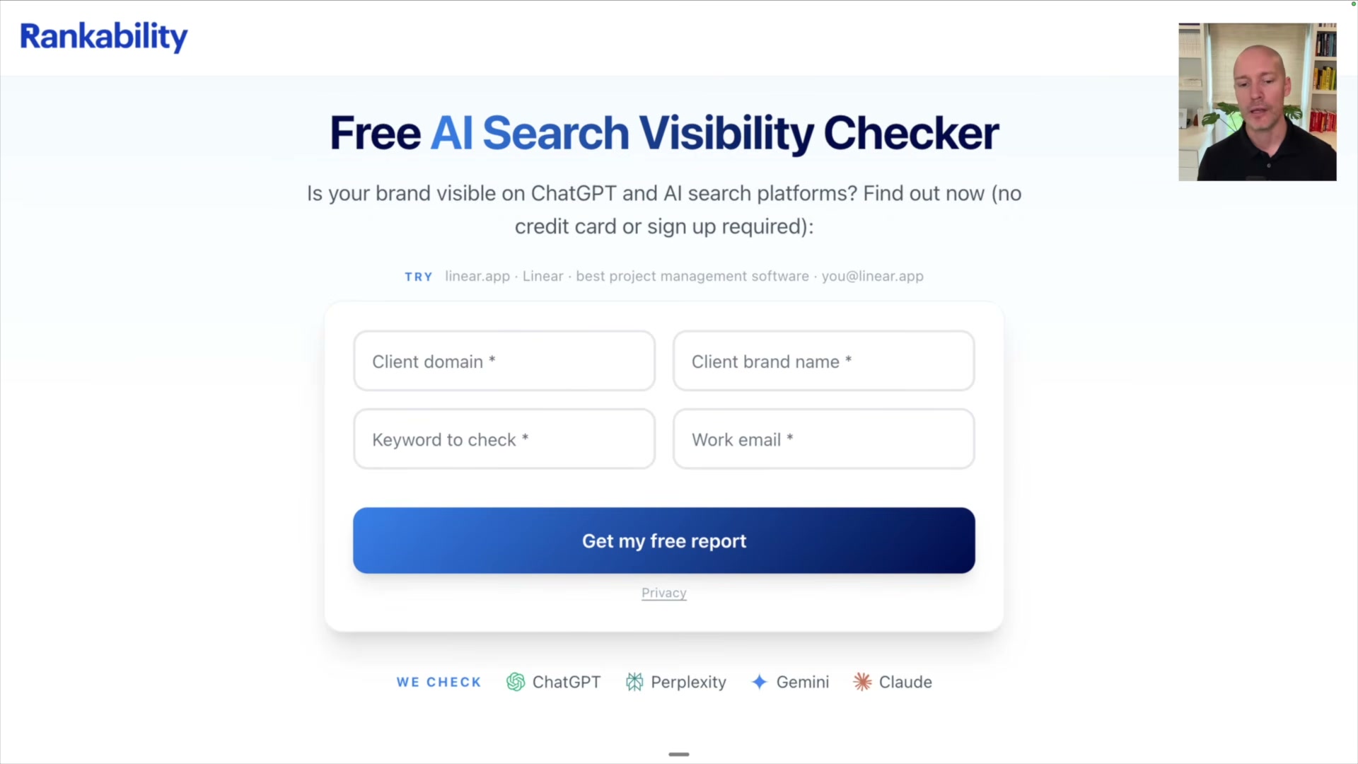 Check your brand's AI visibility right now: Rankability's free tool scans ChatGPT, Perplexity, Gemini, and Claude simultaneously