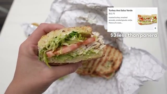 A $12.75 sandwich at a competitor runs $3 less than Panera's equivalent — the cost-comparison case made visually