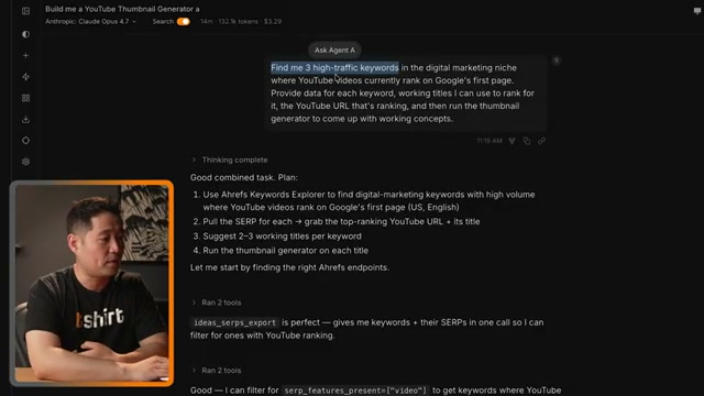 Feeding Agent A an Ahrefs brief: find keywords where YouTube already ranks on Google page one
