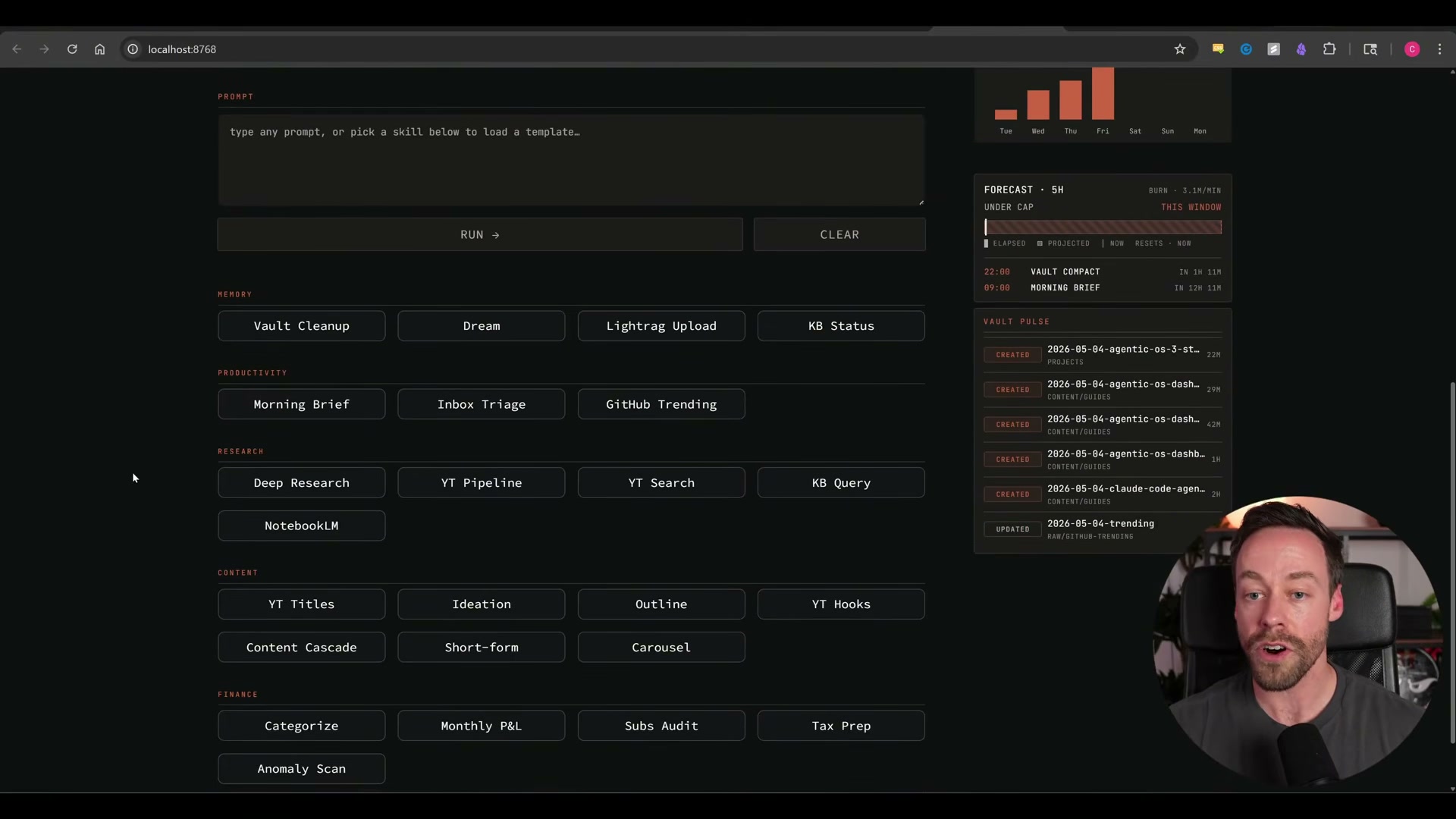 The Obsidian vault is the memory layer — hundreds of linked notes organized into raw, wiki, projects, and ops folders that Claude reads and writes.