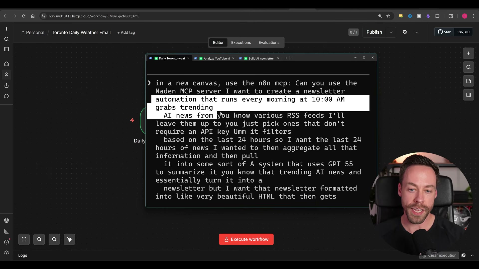 Result: a working 3-node workflow created in seconds — Daily 9am Trigger, Open-Meteo weather fetch, and Gmail delivery
