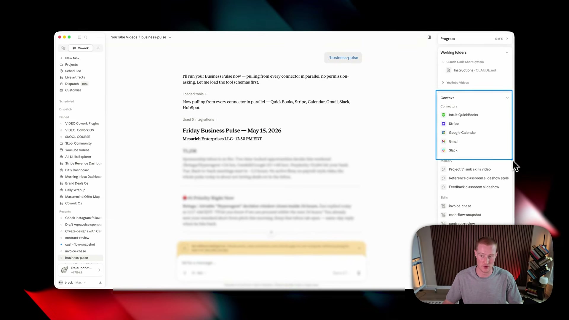 Live run: /business-pulse fires across five connectors simultaneously and generates a dated, company-branded business pulse report in seconds.