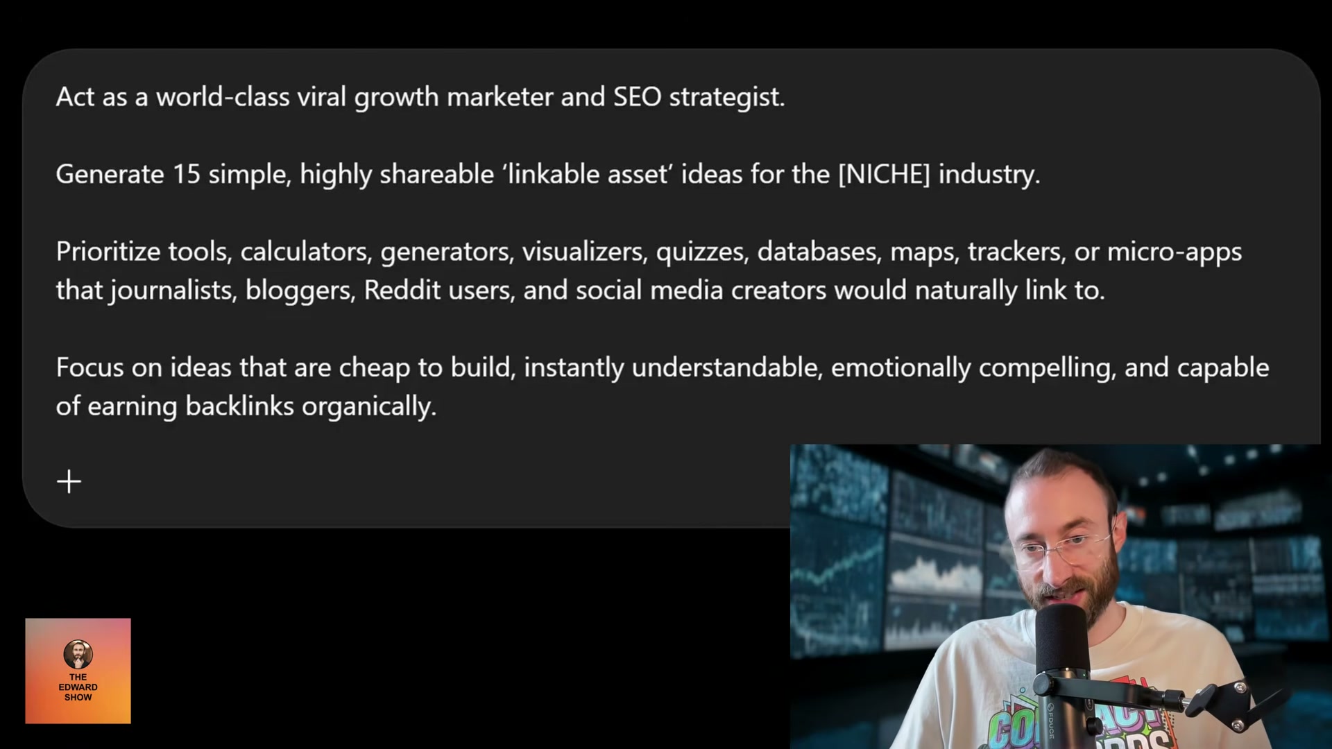 The exact AI prompt to generate 15 linkable asset ideas for any niche — just swap in [NICHE] and run it.