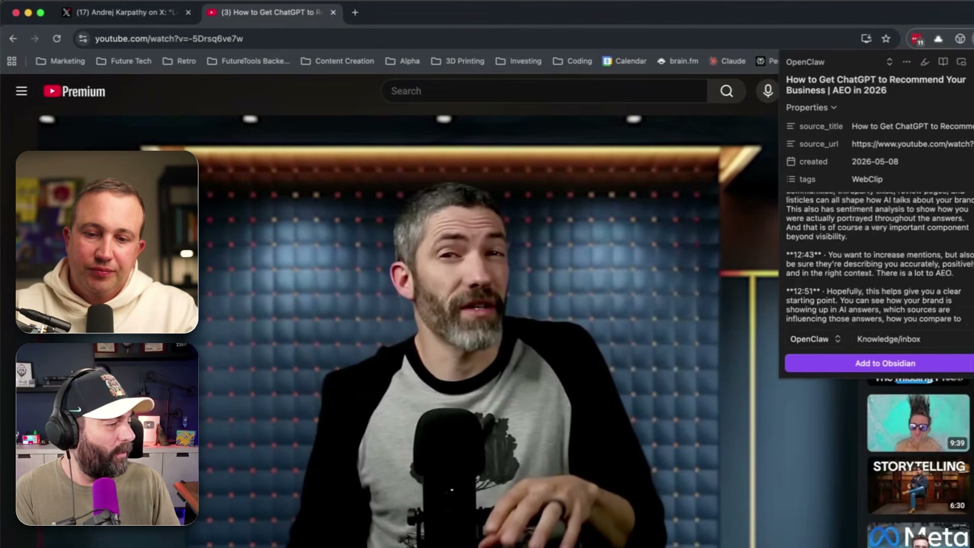 The OpenClaw browser extension extracts page metadata and sends it straight to Obsidian's inbox with one click — this is how raw content enters the wiki pipeline.