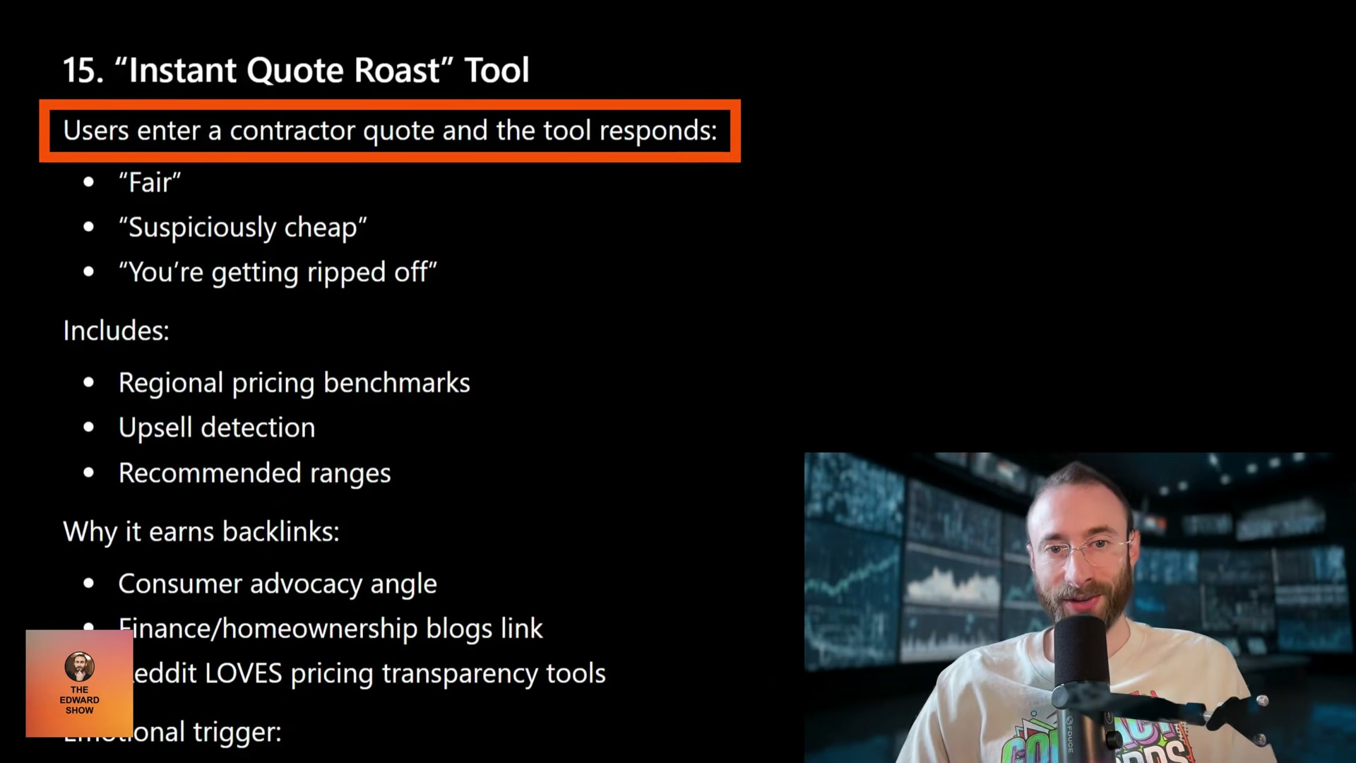 AI output: a fully specced 'Instant Quote Roast' tool idea — with built-in reasoning for why journalists and Reddit will link to it.