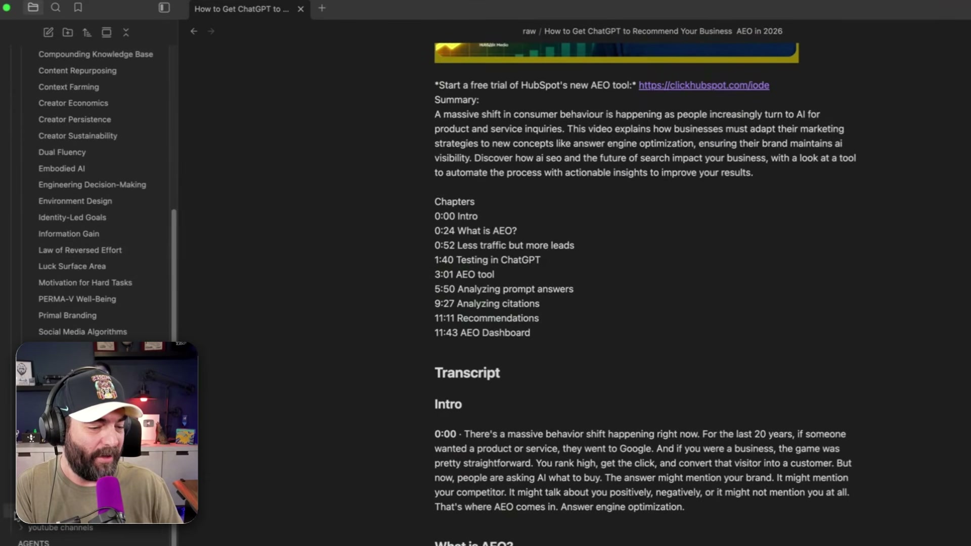 Raw clipped content lands in Obsidian's raw/ folder as a markdown file, complete with the video's timestamped transcript and chapter breakdown — ready for Codex to process.
