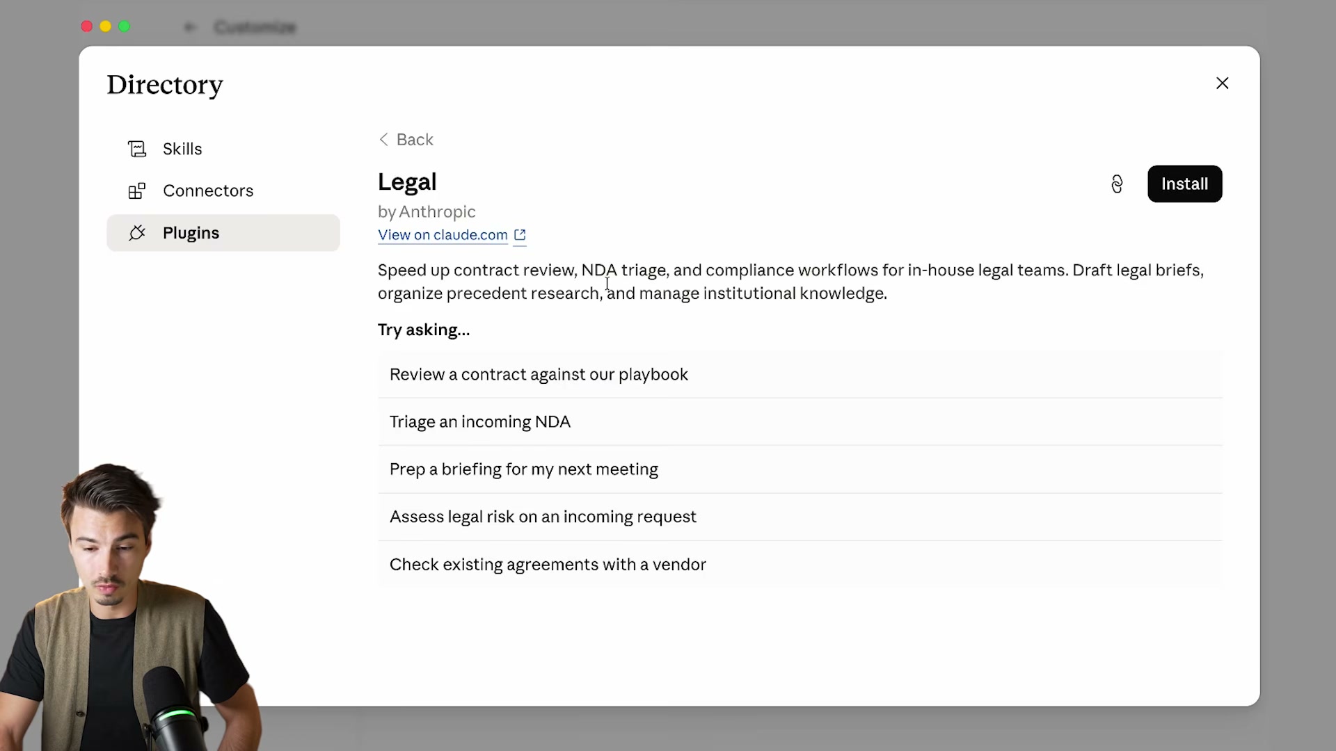 The Legal plugin install screen: NDA triage, contract review against your playbook, and compliance workflows — click Install to activate