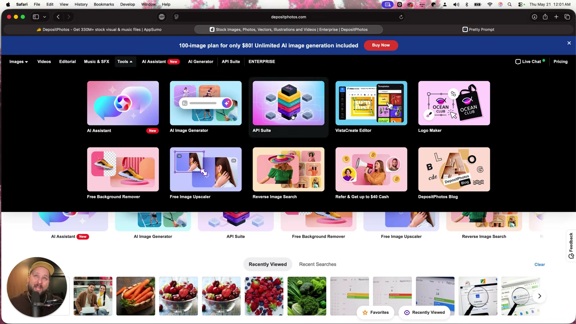 Depositphotos' Tools menu is the launchpad for every AI feature: image generation, logo creation, background removal, upscaling, reverse image search, and the VistaCreate design editor.