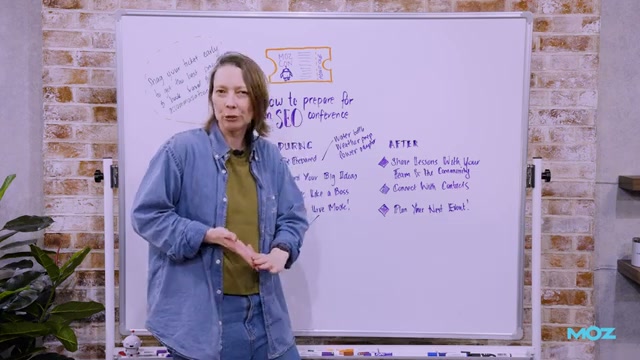 The full SEO conference playbook: DURING and AFTER phases summarized in one whiteboard view.