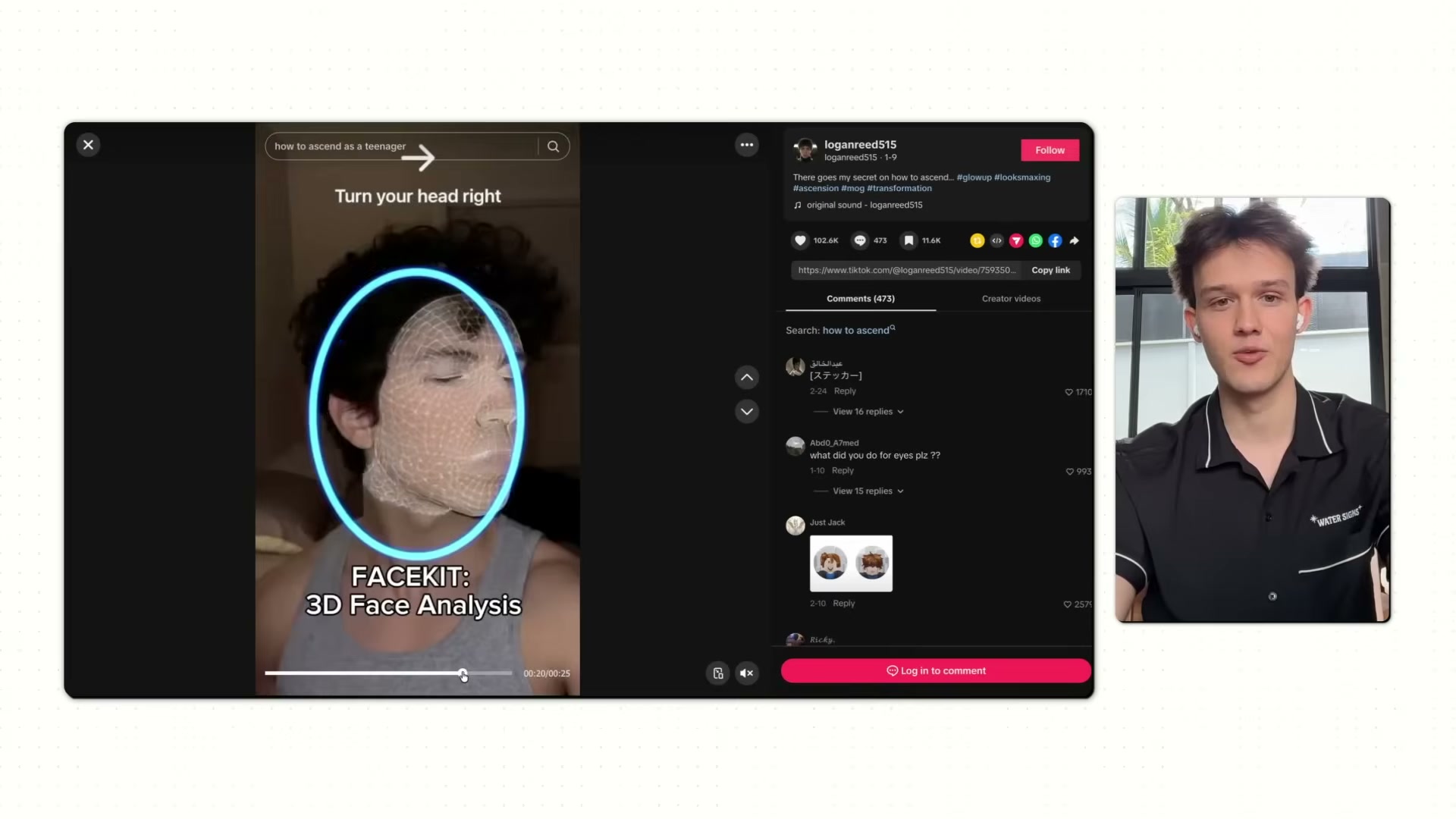 The viral hook: 'FACEKIT: 3D Face Analysis' — 102.6K likes on a video that naturally demonstrates the app's core feature.
