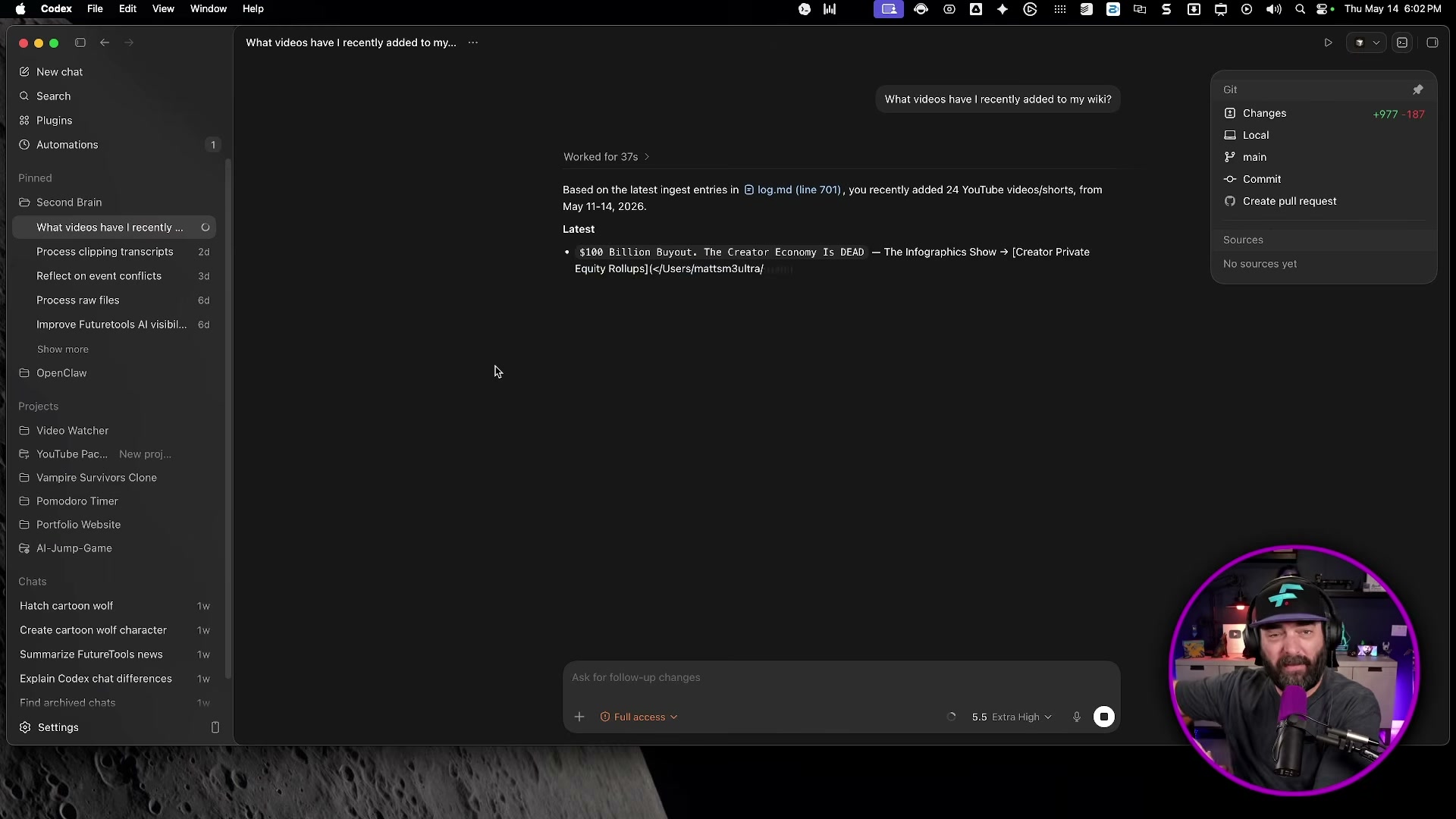 Codex agent completes a multi-step wiki query in 37 seconds, returning 24 recently added YouTube videos with ingest log citations.