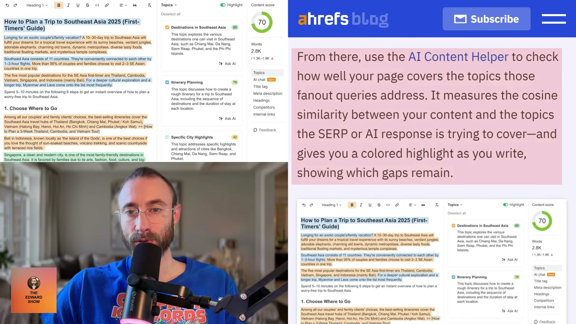 Ahrefs AI Content Helper scores your draft against fanout query topics in real time — colored highlights show exactly which sub-questions your content still needs to address.