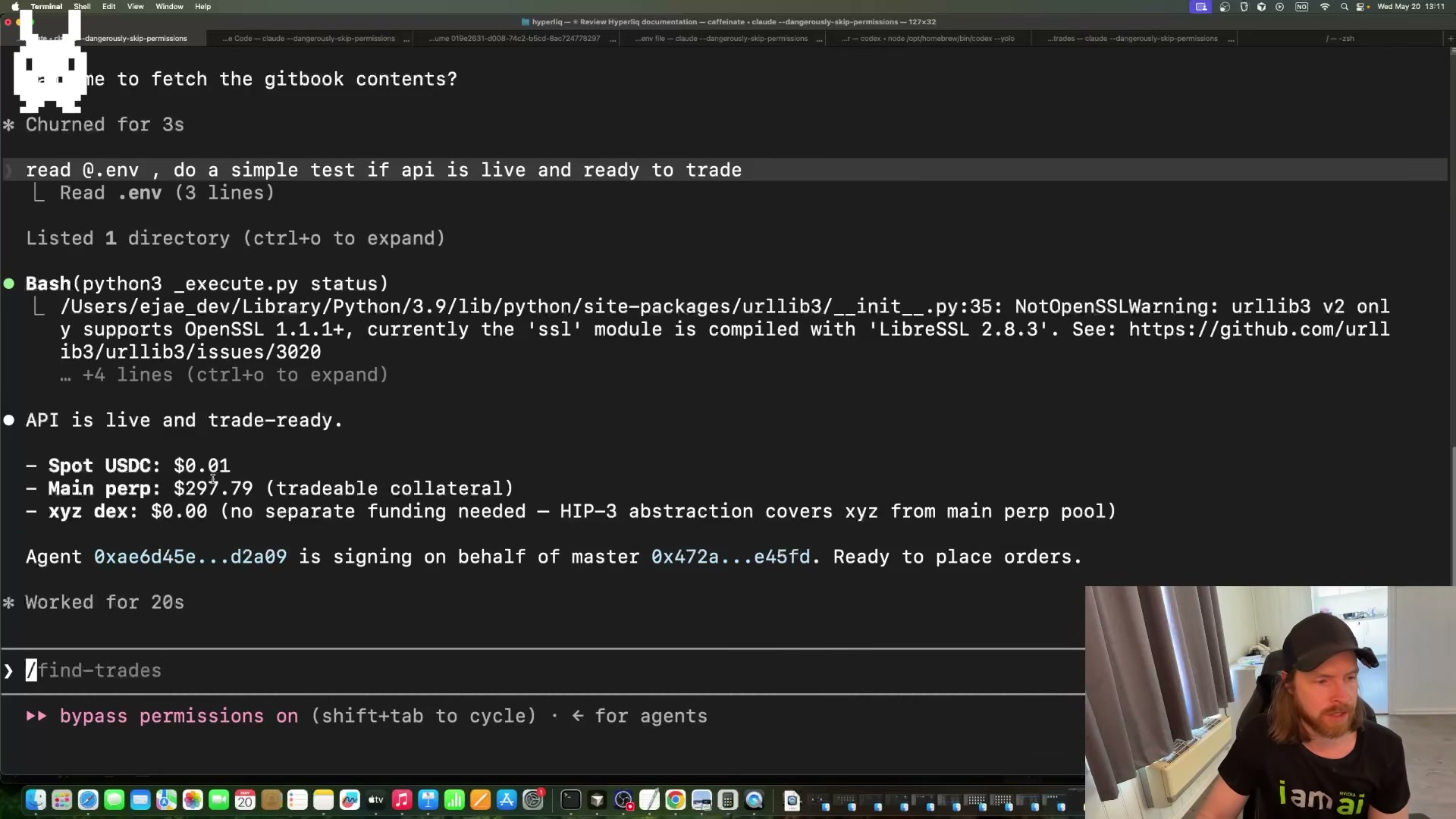 Agent confirms: 'API is live and trade-ready' — $297.79 in perp collateral available, /find-trades slash command invoked