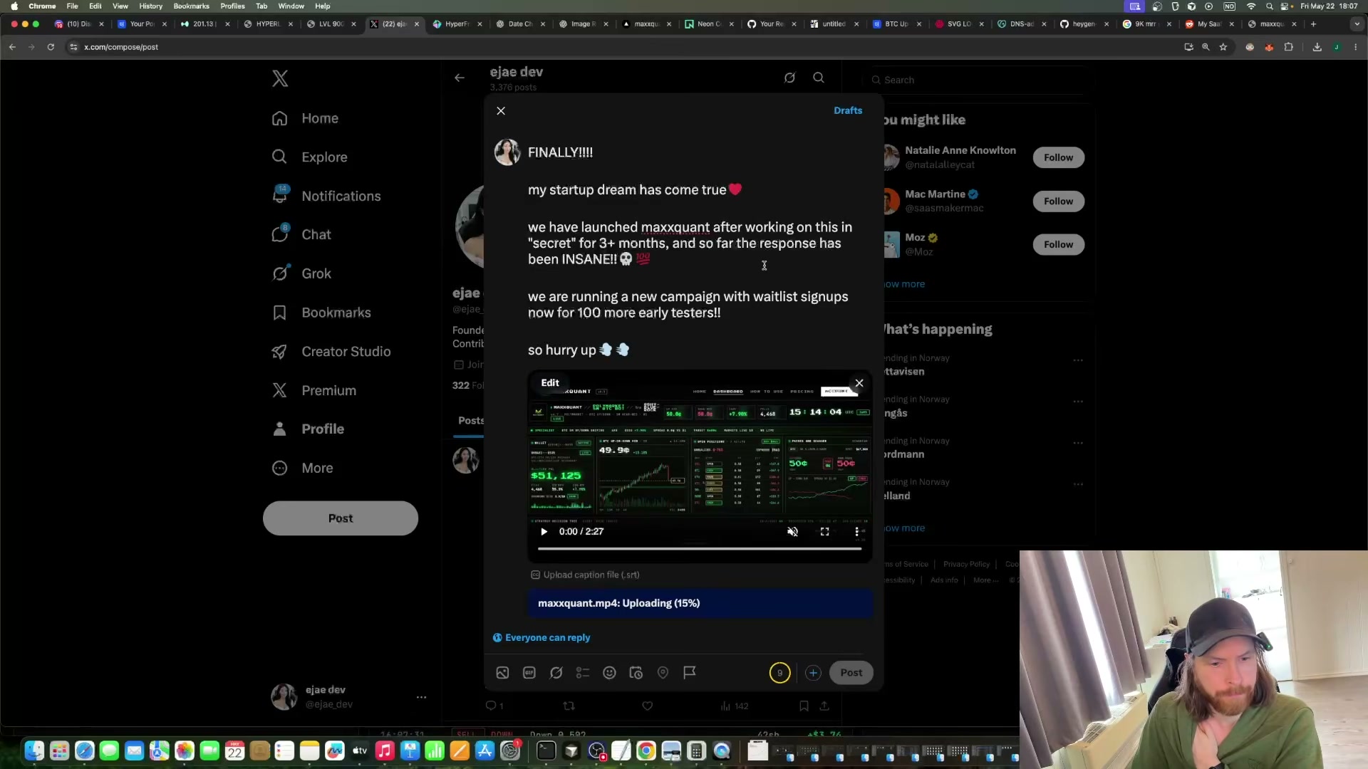 The FOMO tweet goes live: fake launch announcement with urgency ('hurry up'), scarcity ('100 more early testers'), and a demo video uploading — the full playbook in one post.