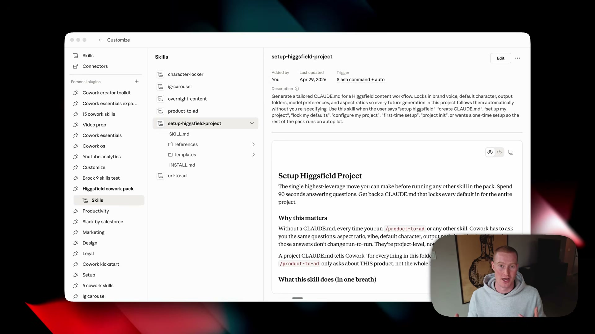 The setup-higgsfield-project skill: run it once and it locks brand voice, character defaults, aspect ratios, and output paths for the entire project