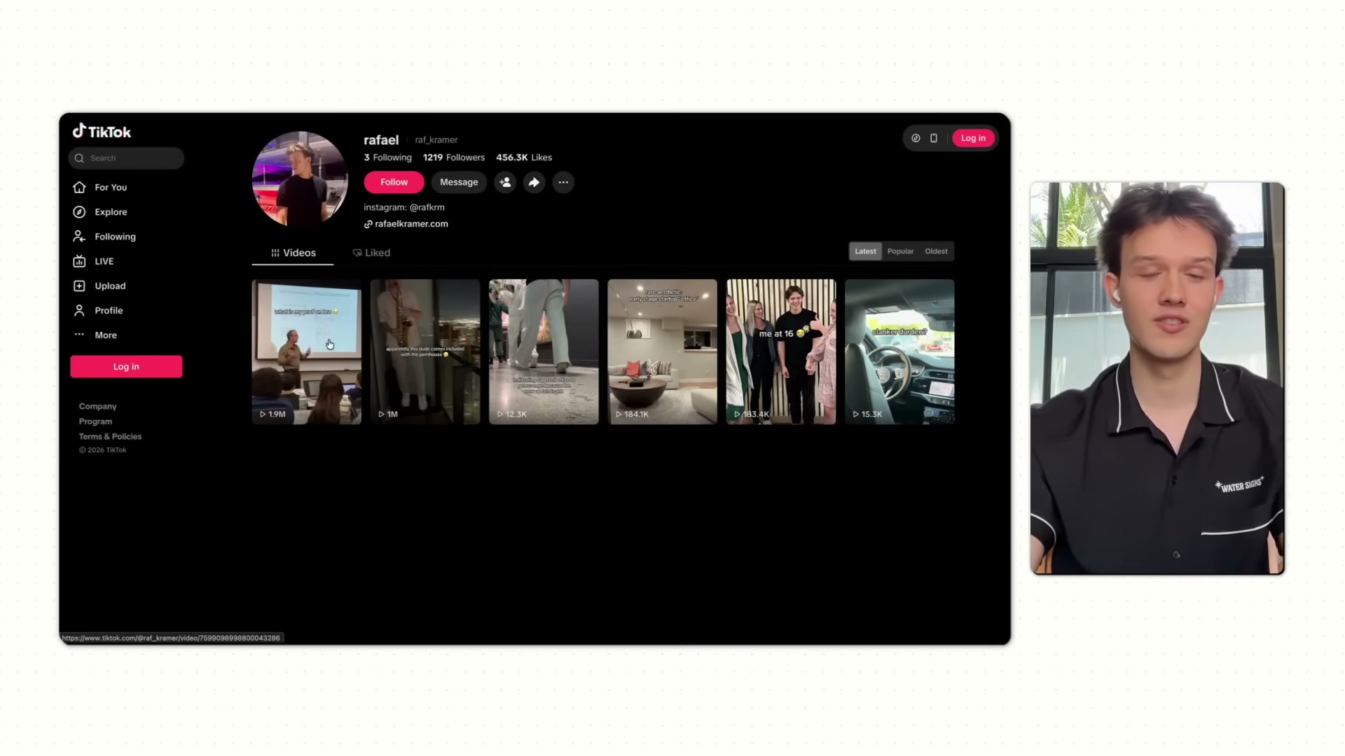 Rafael's personal TikTok: 456K likes but only 1.2K followers — dwarfed by the AI accounts he built.