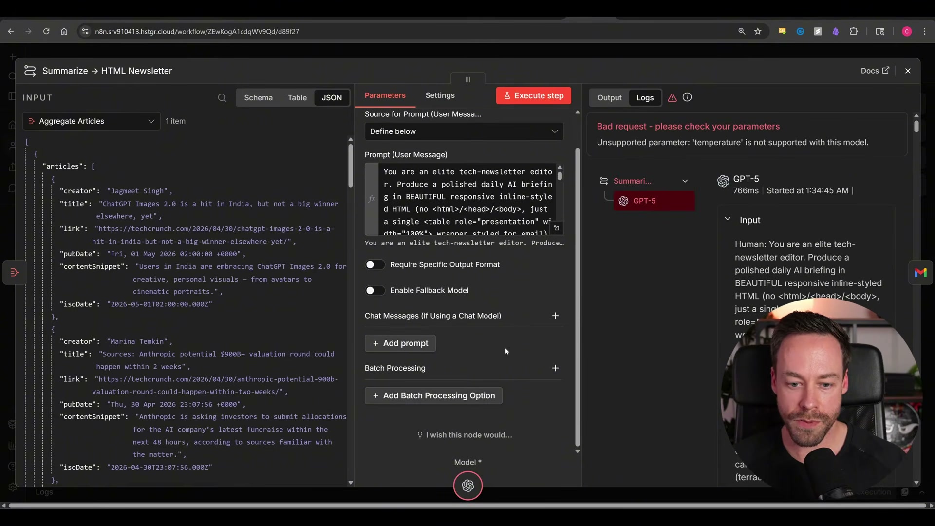 The AI Daily Brief workflow: 6 RSS sources merged, filtered to 24h, aggregated, GPT-5 summarized into HTML, and emailed — all from one prompt