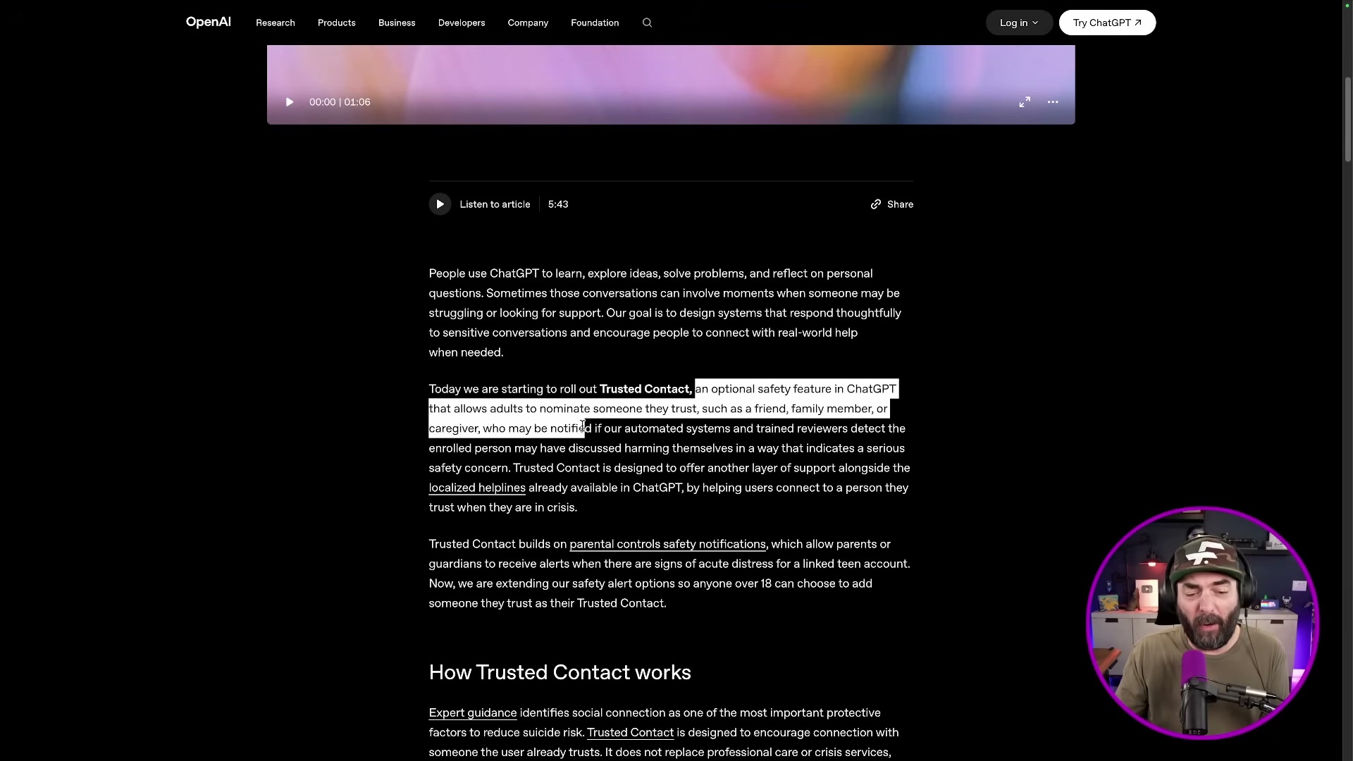 OpenAI's Trusted Contact feature lets adults nominate a trusted person to be notified if ChatGPT's safety systems detect a crisis — available now in ChatGPT.
