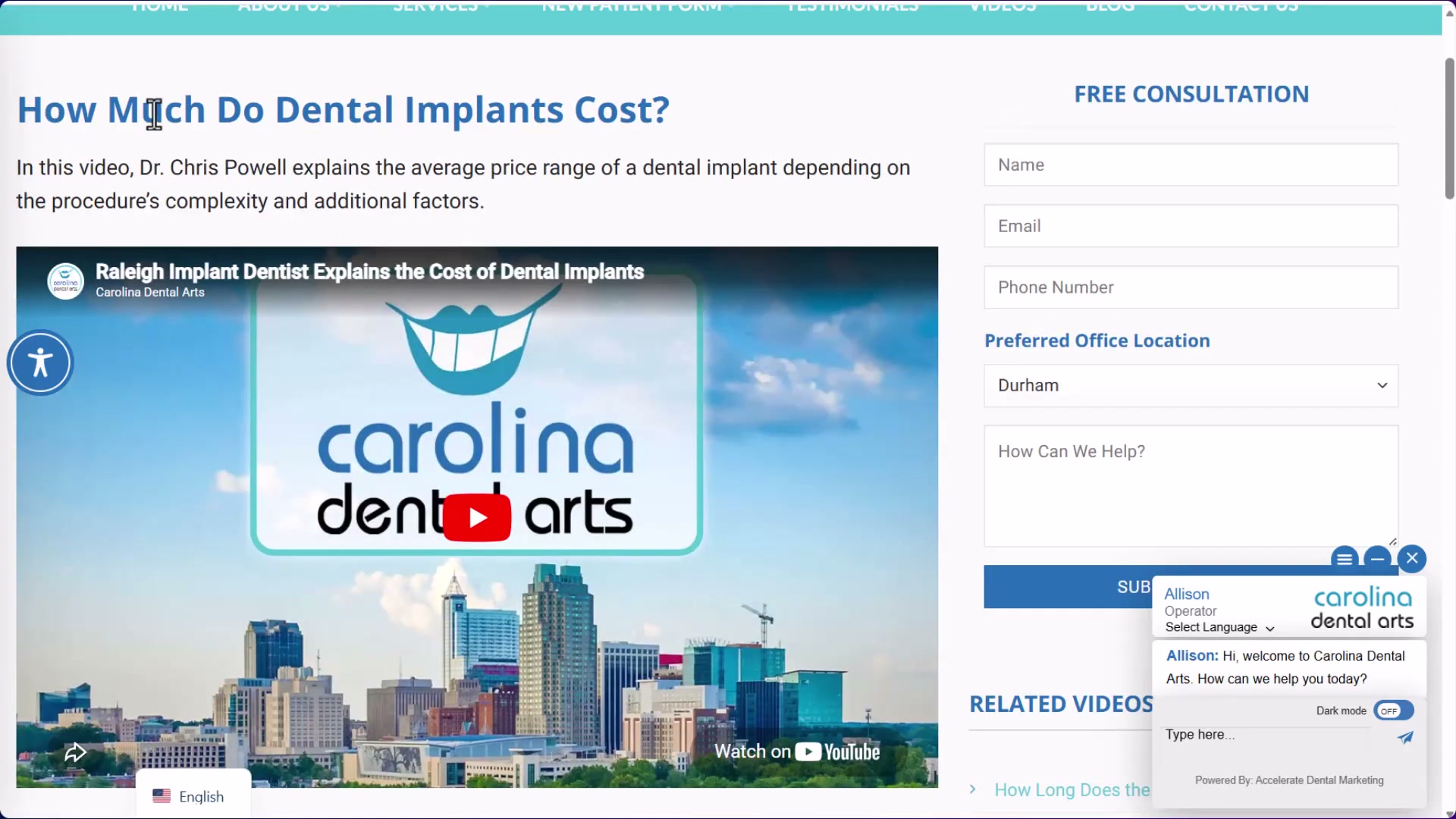 A dental content page done right: educational blog post, embedded YouTube video, free consultation form, and live chat all on the same URL — converting researchers into booked patients.