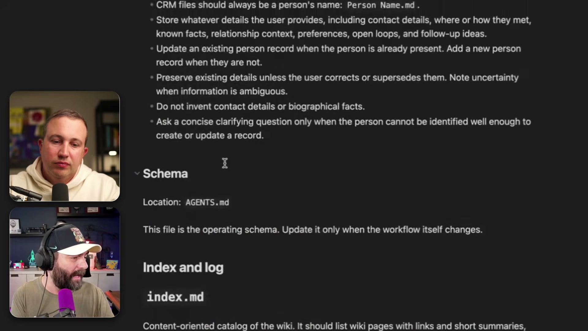 The AGENTS.md schema file is the operating brain of the system — it defines CRM rules, the index structure, and every behavioral constraint Codex follows when processing content.