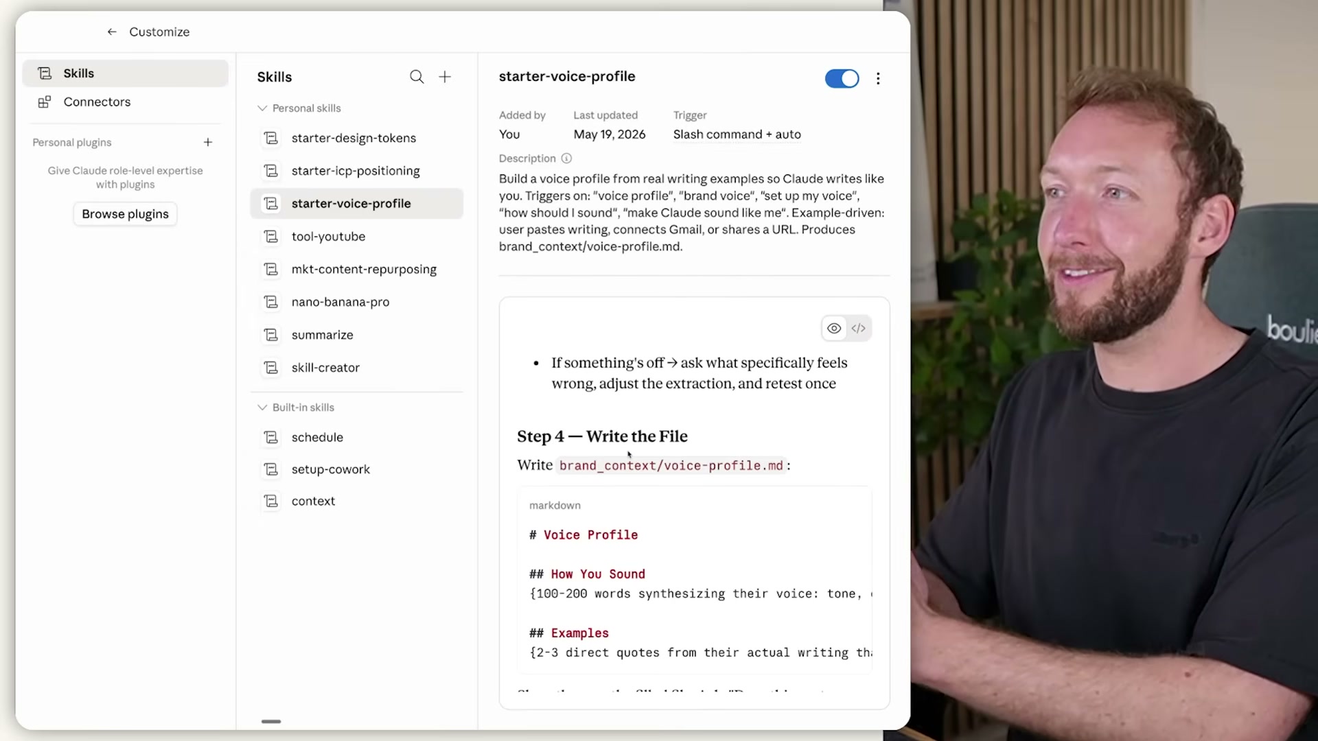 Step 4 of the Voice Profile Builder skill: writes a structured markdown file with a voice synthesis paragraph and direct quote examples