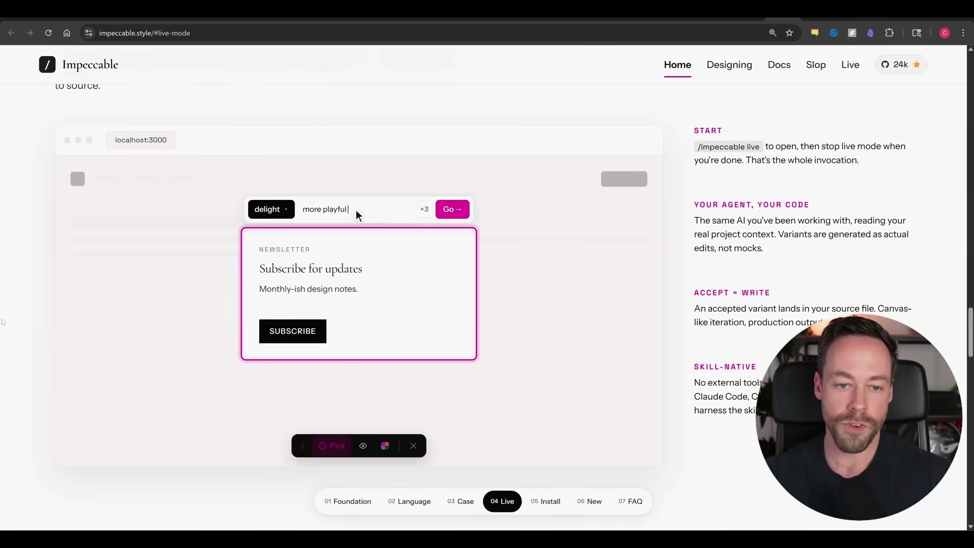 Impeccable Live Mode in action: type a direction, pick a variant, and the accepted version writes back to your source file.