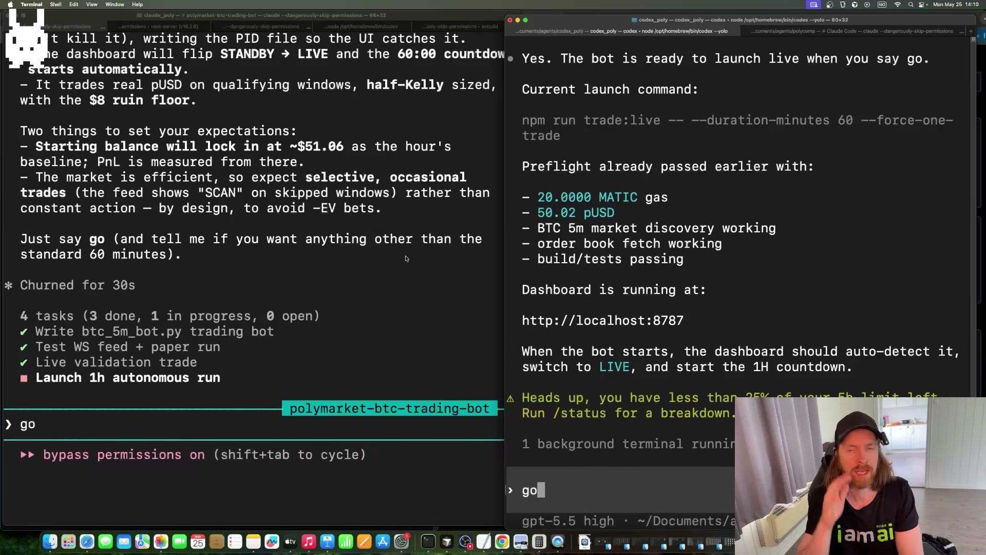 The starting gun: 'go' entered in both terminals simultaneously — the 1-hour autonomous trading battle begins.
