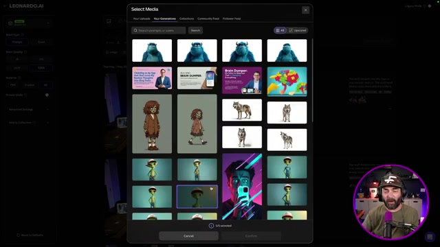 Leonardo.AI image-to-3D workflow: selecting a source image from your generations library as the 3D input