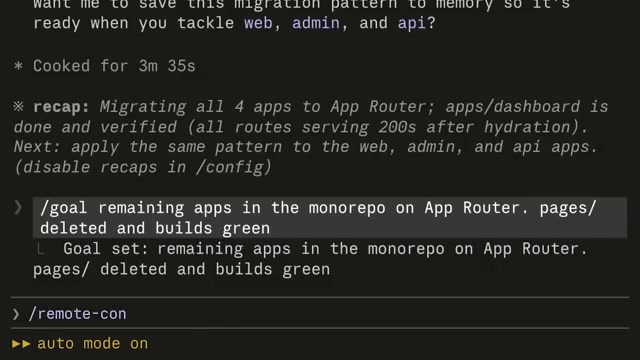 Claude Code in auto mode: tracks goals, writes recaps, and continues migrating a monorepo to App Router without prompting