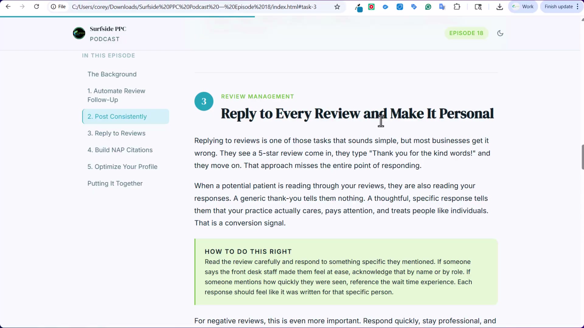Task 3: Reply to Every Review Personally — specific, personalized replies act as conversion signals to prospective patients reading your reviews.